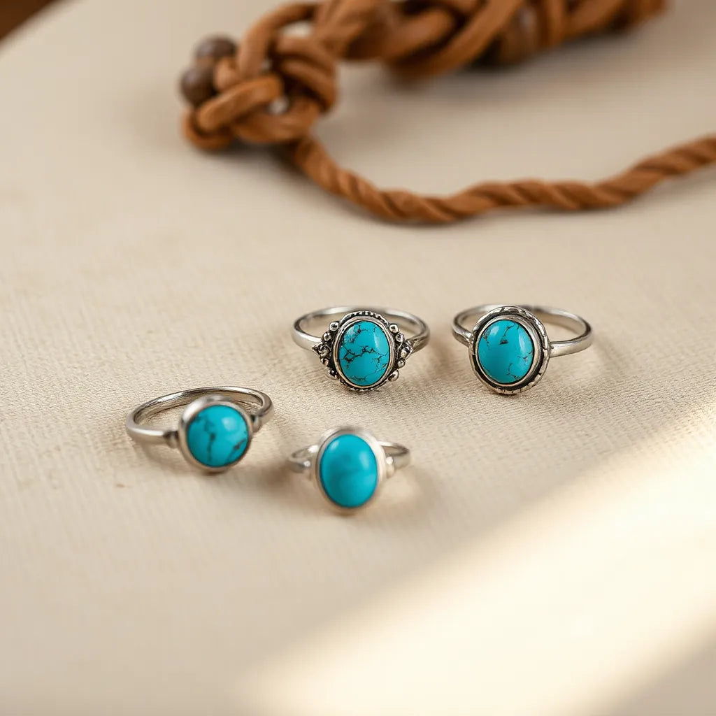 Multiple turquoise rings with silver bands arranged on neutral fabric in warm natural light