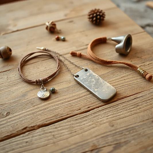 Handcrafted necklace, bracelet, and gemstone earrings arranged on a rustic wooden table