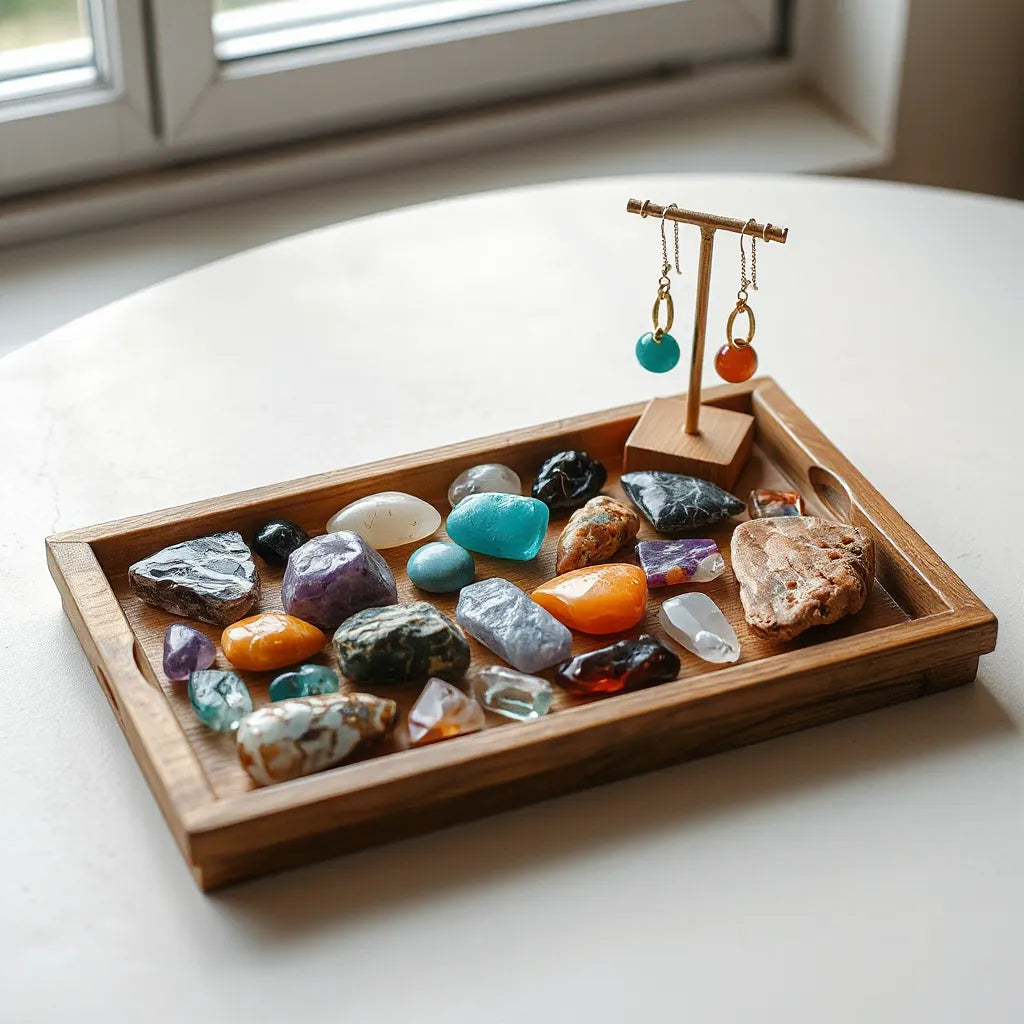 Assorted natural gemstones on a wooden tray with a few gemstone pendants under soft natural light