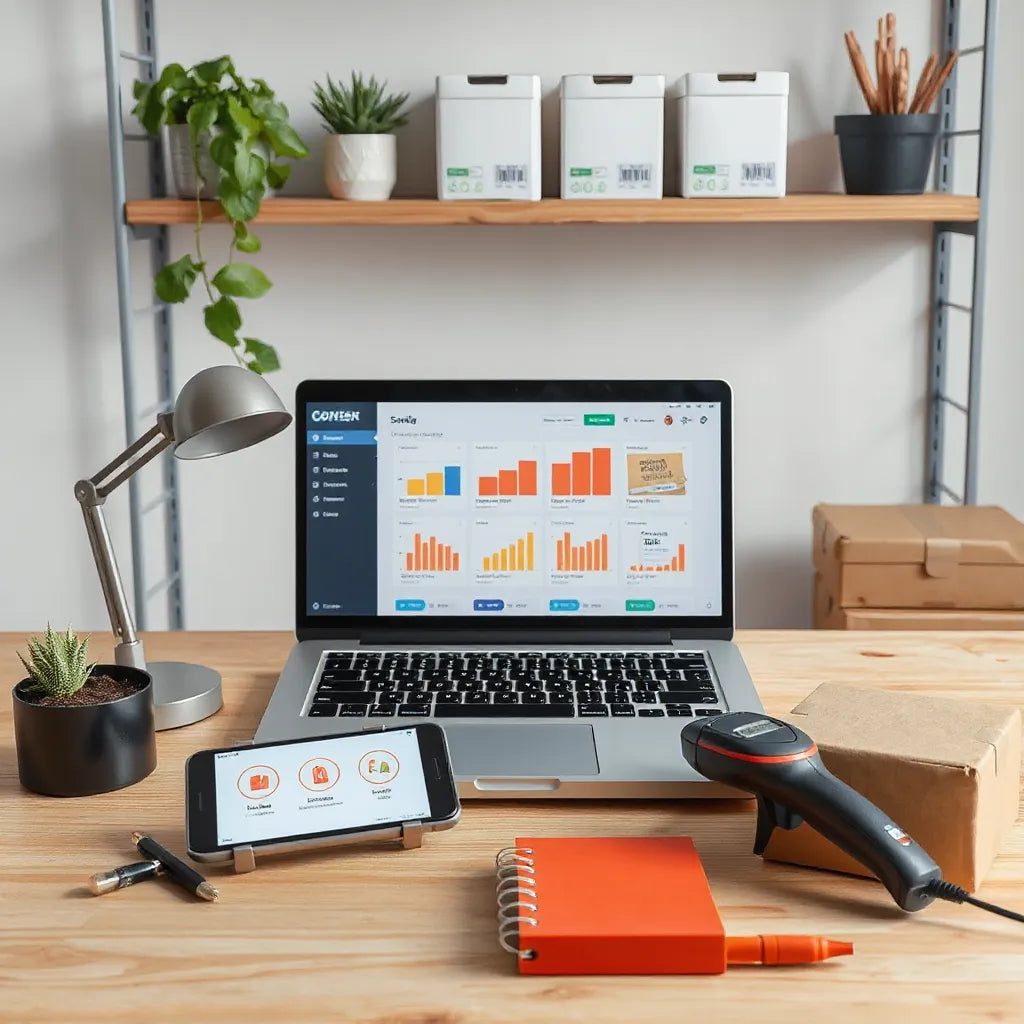 Laptop inventory dashboard, barcode scanner, and neatly arranged product boxes in a modern warehouse workspace