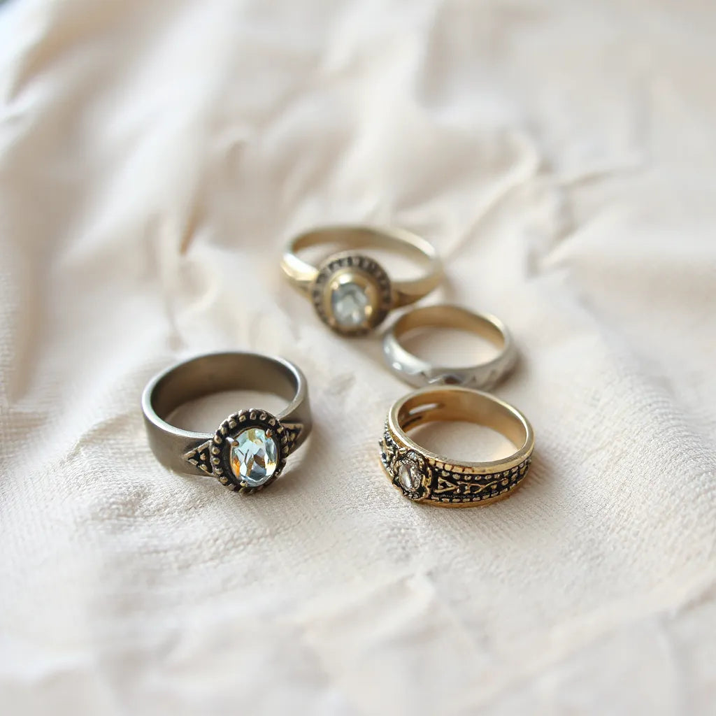 Vintage inspired rings laid out in a stack on neutral linen fabric with soft window light