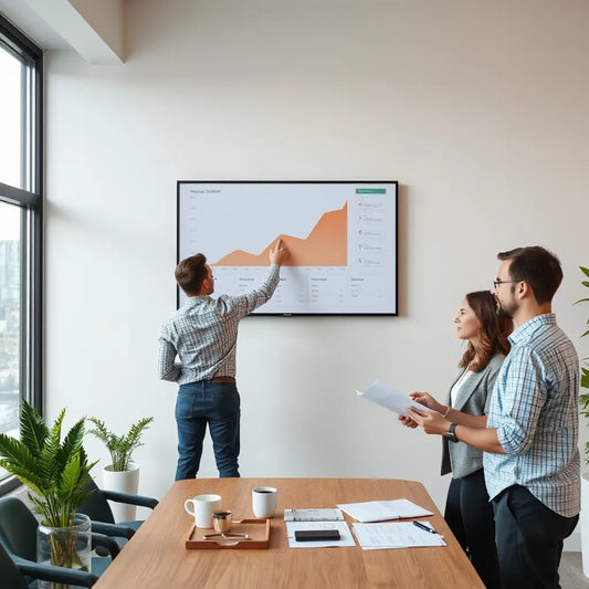 Business team reviewing a growth dashboard in a modern office