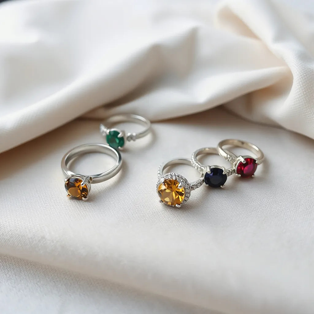 Assorted colorful gemstone rings with emerald, blue, purple, red and yellow stones on a neutral background