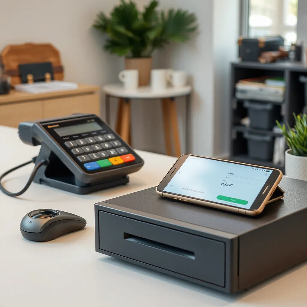 Touchscreen point of sale terminal with card reader, barcode scanner, and cash drawer on a retail counter