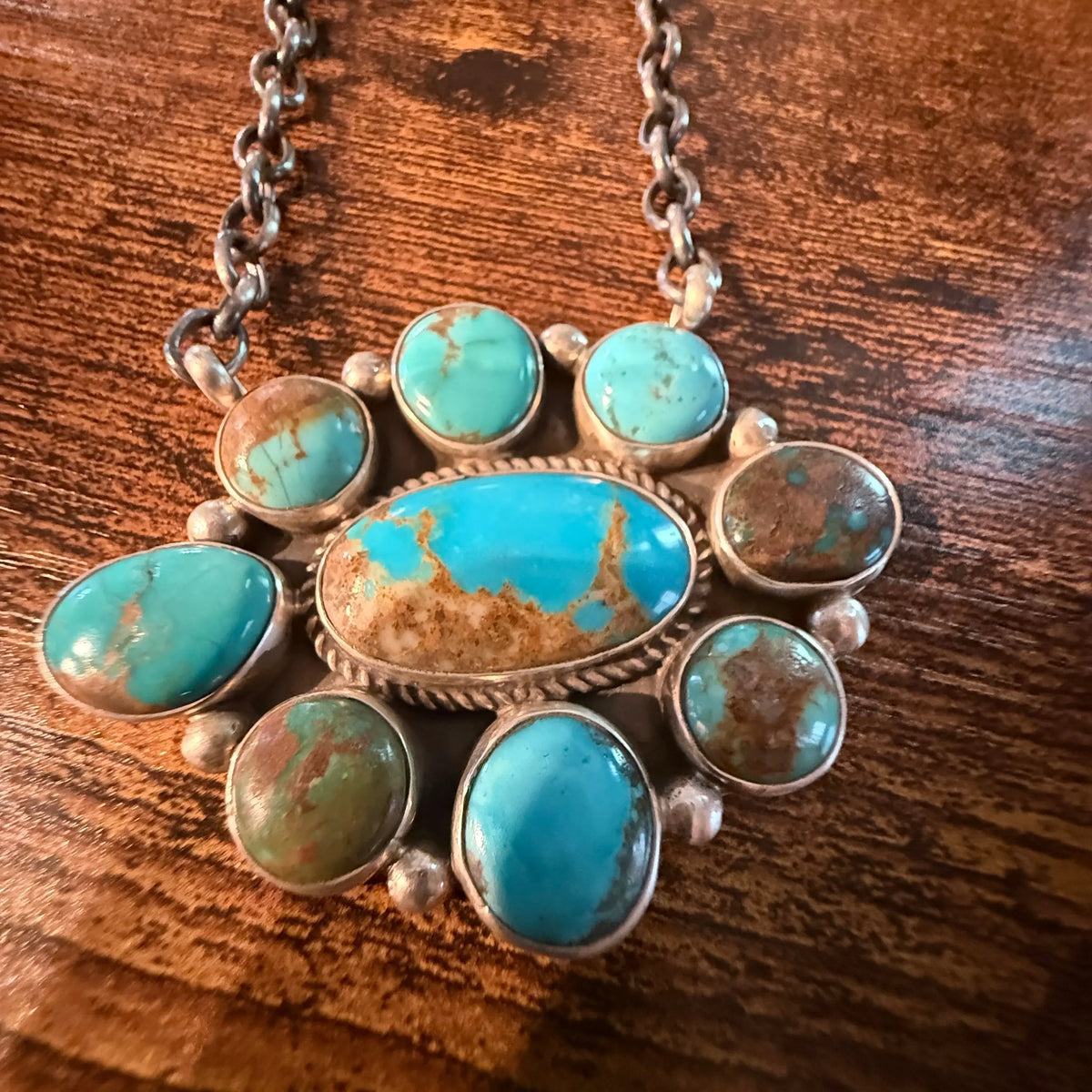 Native Signed Gerildine James Kingman Turquoise 20 Inch Cluster Necklace Sterling Silver Wild West Boho