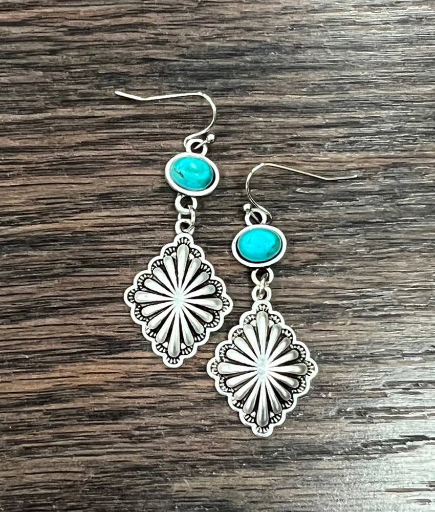 Concho Turquoise Drop Earrings, Southwestern Chic Design, Ships in Gift Box Silver Elegant