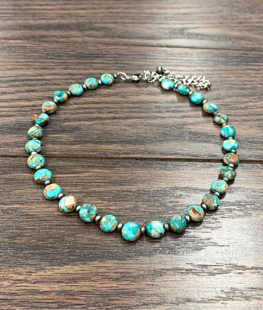 Round Natural Turquoise Gemstone Choker Necklace Extender Handmade Silver Elegant