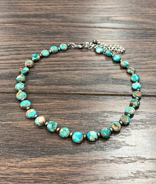 Round Natural Turquoise Gemstone Choker Necklace Extender Handmade Silver Elegant