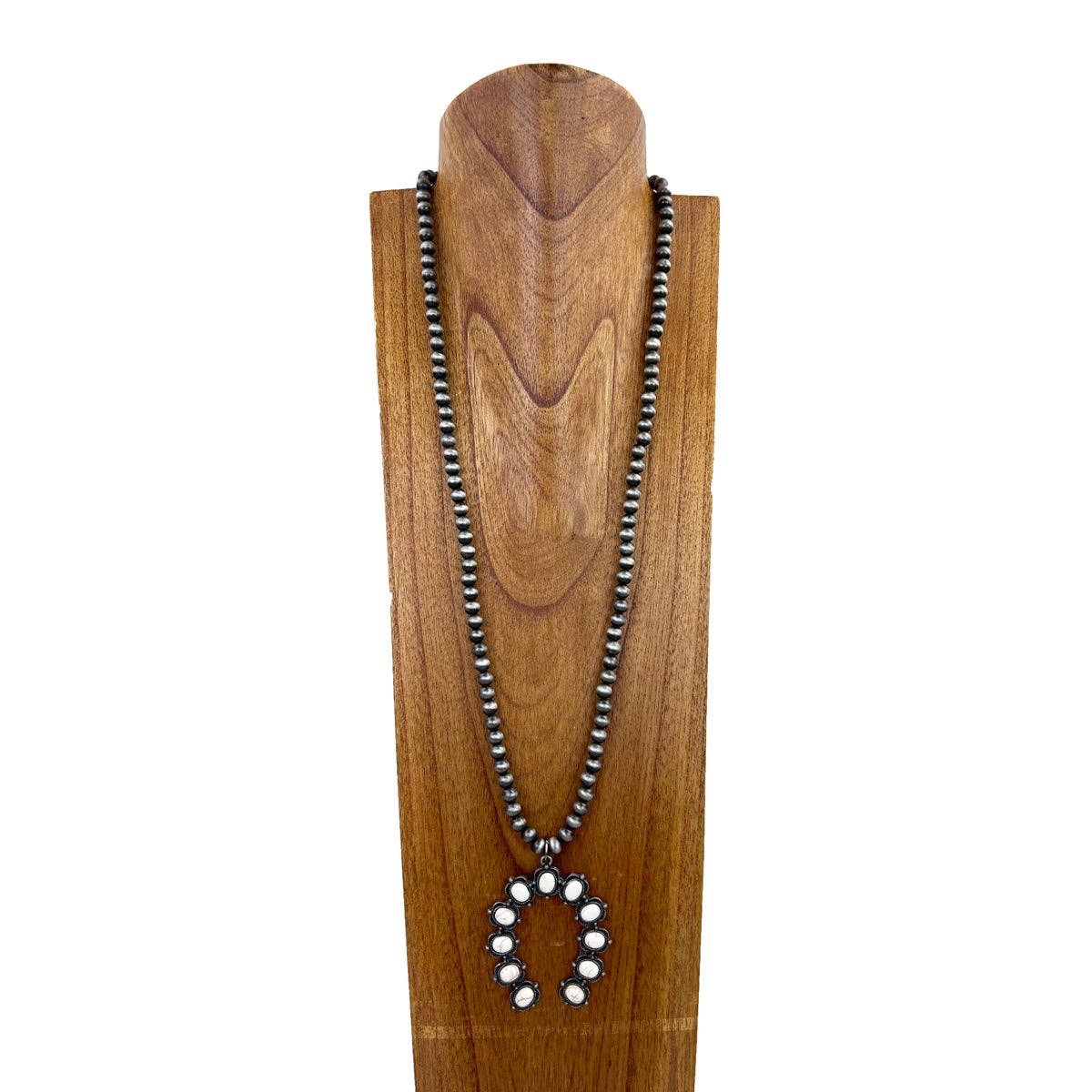 Silver Navajo Style Pearl Necklace With White Stone Squash Blossom Pendant, 32 inch Wild West Boho