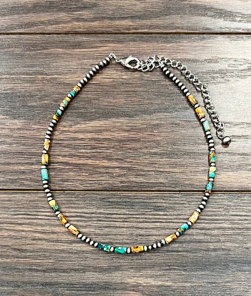 Handmade Navajo Style Bead Necklace With Cylindrical Multicolor Gemstone Beads Silver Elegant