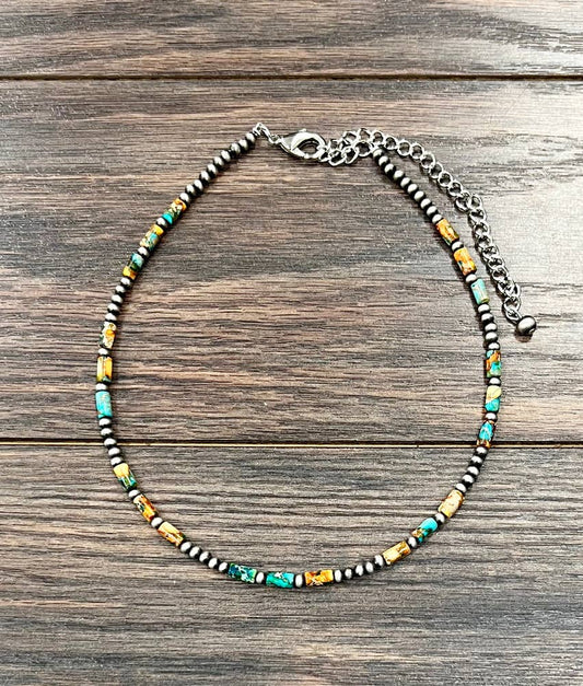 Handmade Navajo Style Bead Necklace With Cylindrical Multicolor Gemstone Beads Silver Elegant