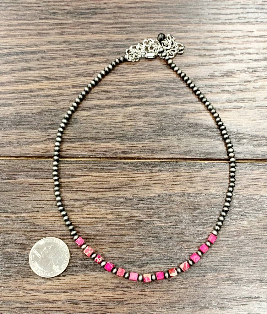 Handmade Square Gemstone Necklace , Faux Silver Pearl Navajo Beads 15 to 20 Inches Silver Elegant