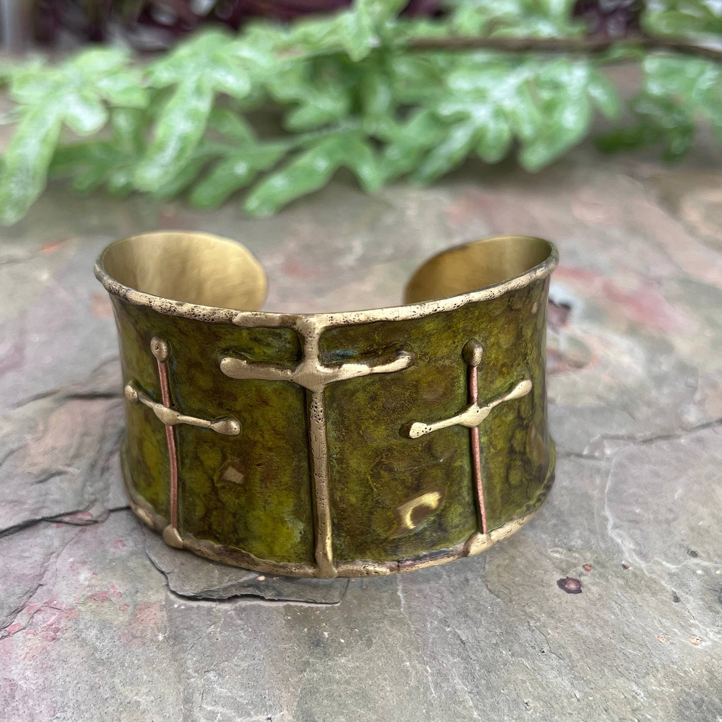 Brass Patina Cuff Bracelet Green Crosses Handcrafted Statement Jewelry Anju Jewelry