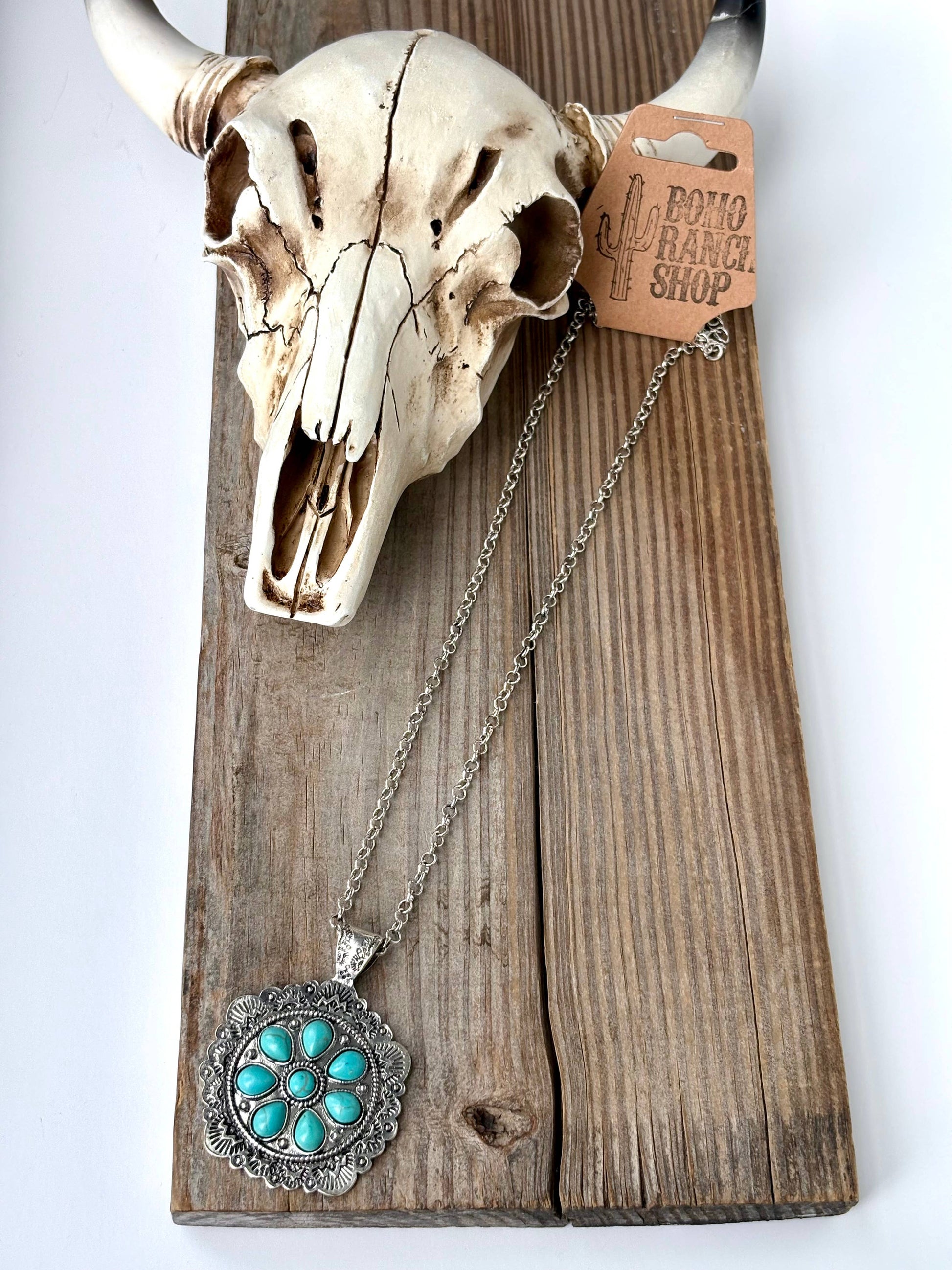 Western Style Turquoise Stone Concho Pendant Necklace with Brushed Silver Finish WildWestBoho