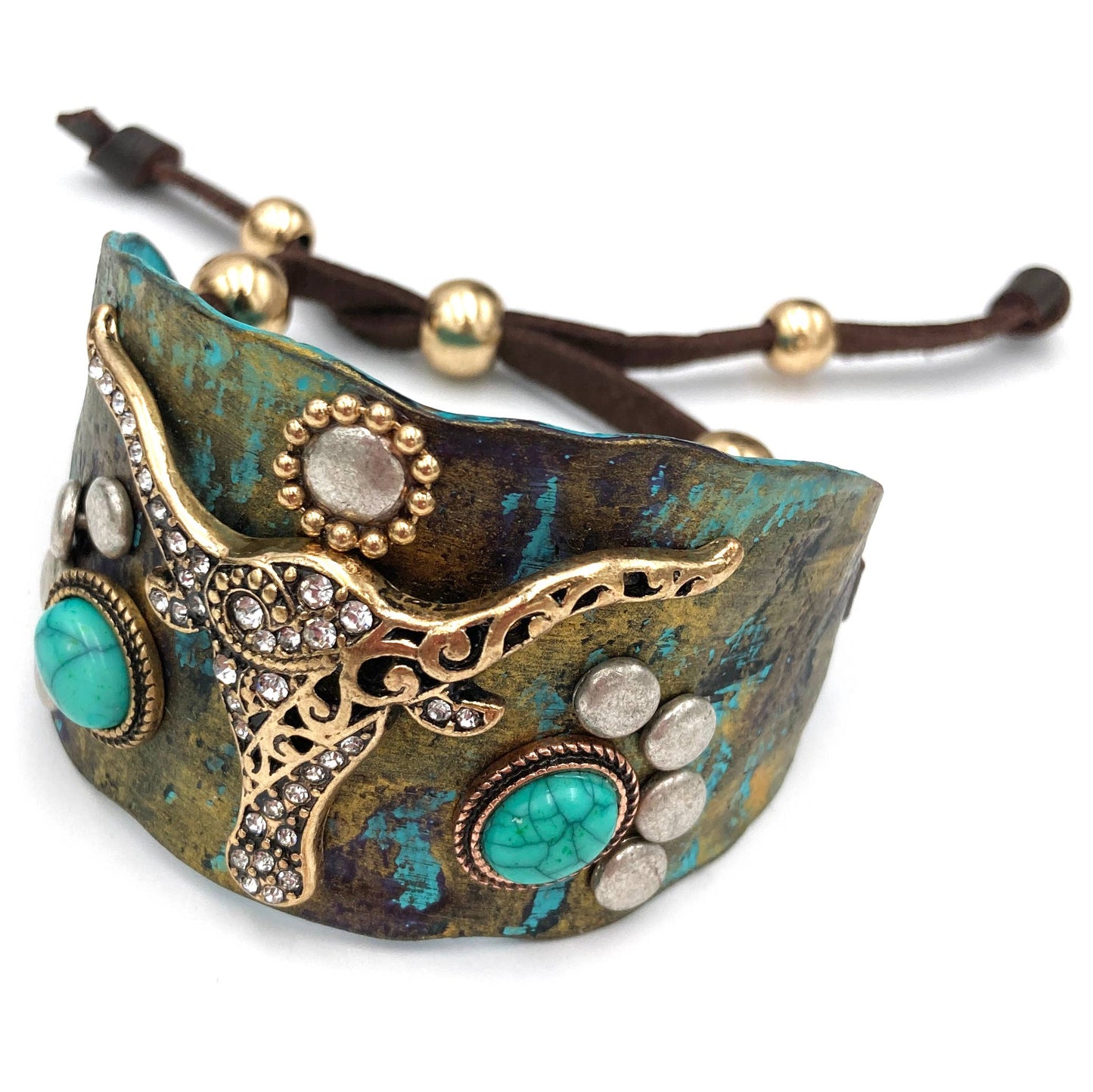 Longhorn Turquoise Western Cuff Bracelet with Adjustable Leather Straps Silver Elegant