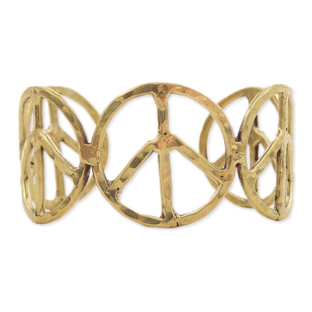 Woodstock Vibes Gold Peace Sign Hippie Bracelet Hammered Vintage Boho Cuff Wild West Boho