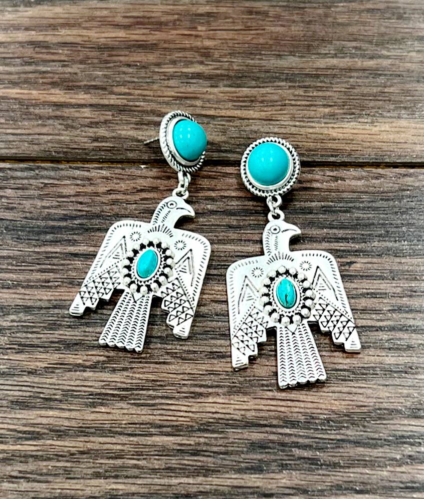 Thunderbird Turquoise 2.5 Inch Long Post Earrings in Antique Silver Finish Silver Elegant