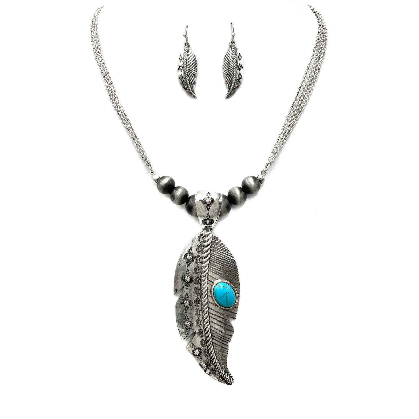 Large Feather Pendant Western Necklace and Earrings Set Silver Elegant