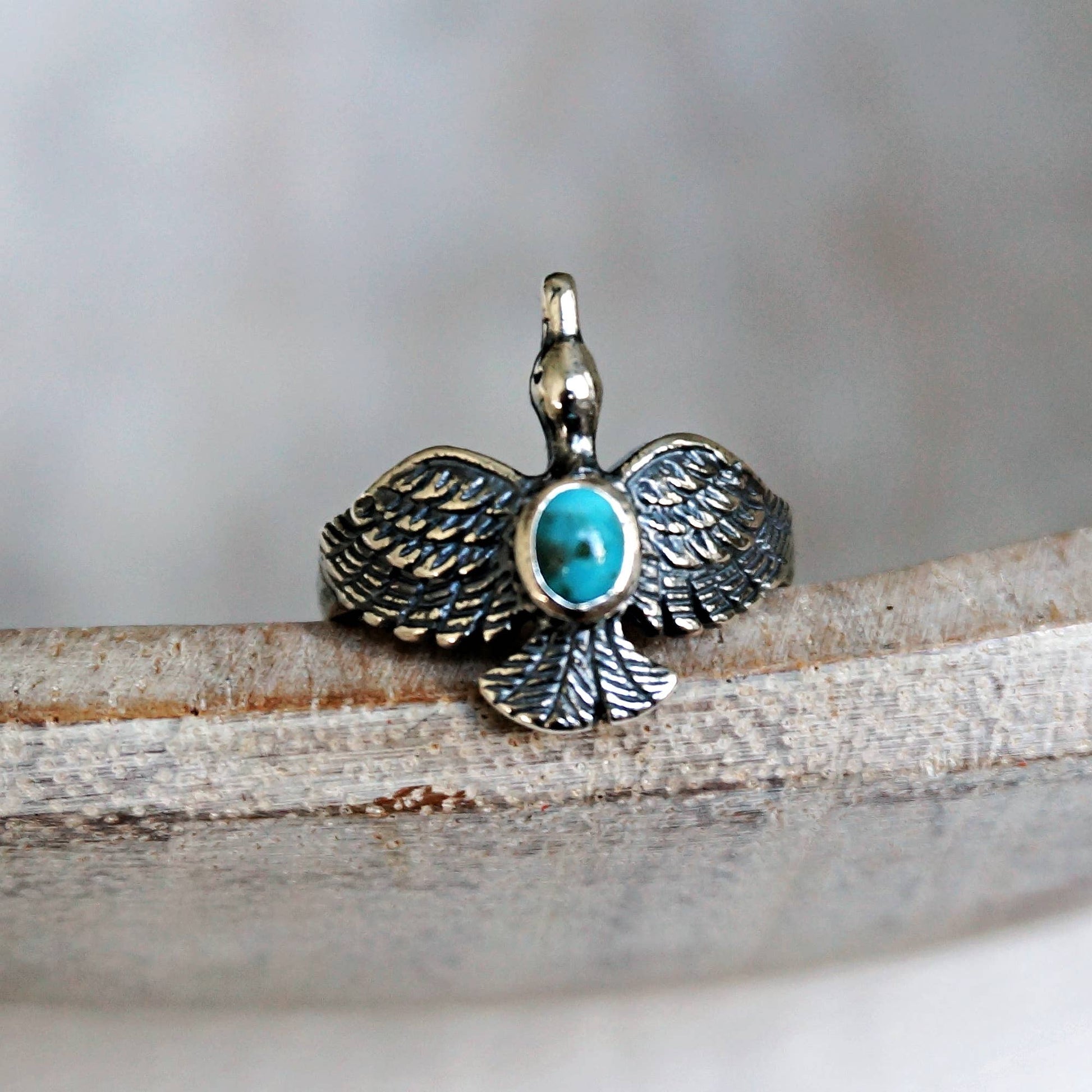 Boho Chic Native Inspired Guardian Hawk Turquoise Ring: Size 7, 8,10, Gift Box Silver Elegant