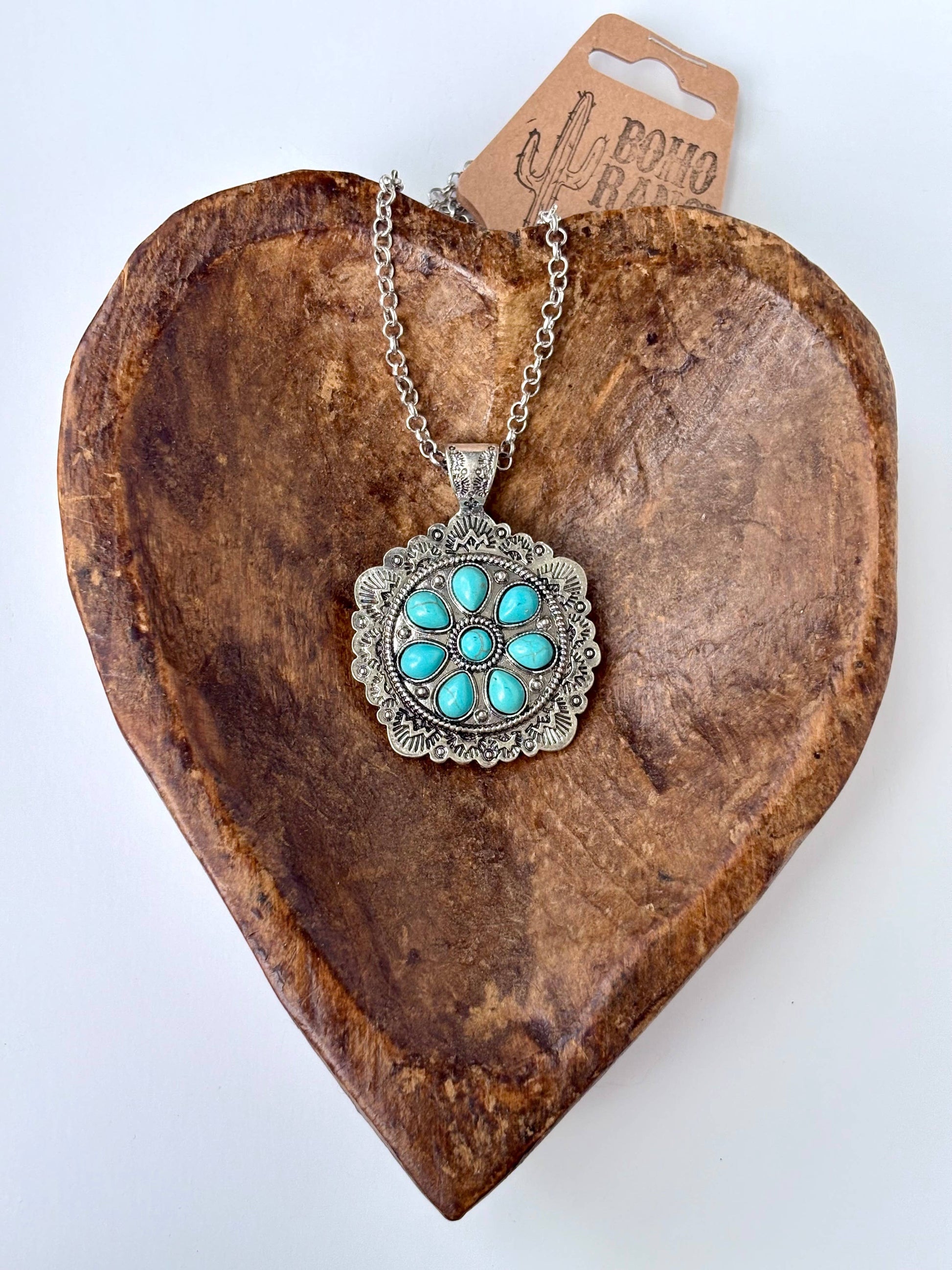Western Style Turquoise Stone Concho Pendant Necklace with Brushed Silver Finish WildWestBoho