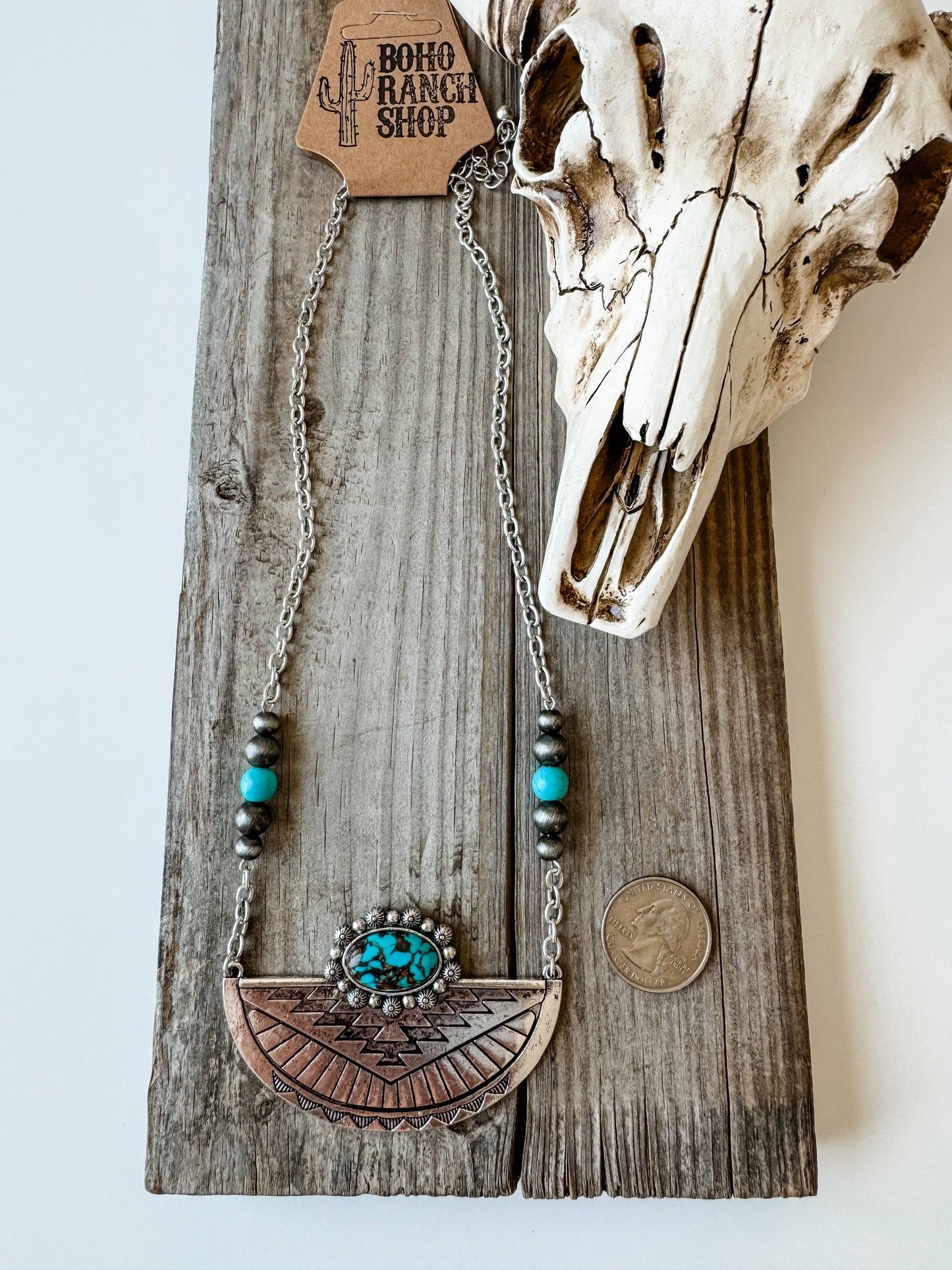 Western Aztec Style Turquoise Stone Pendant Necklace with Burnished Silver and Extension Chain WildWestBoho