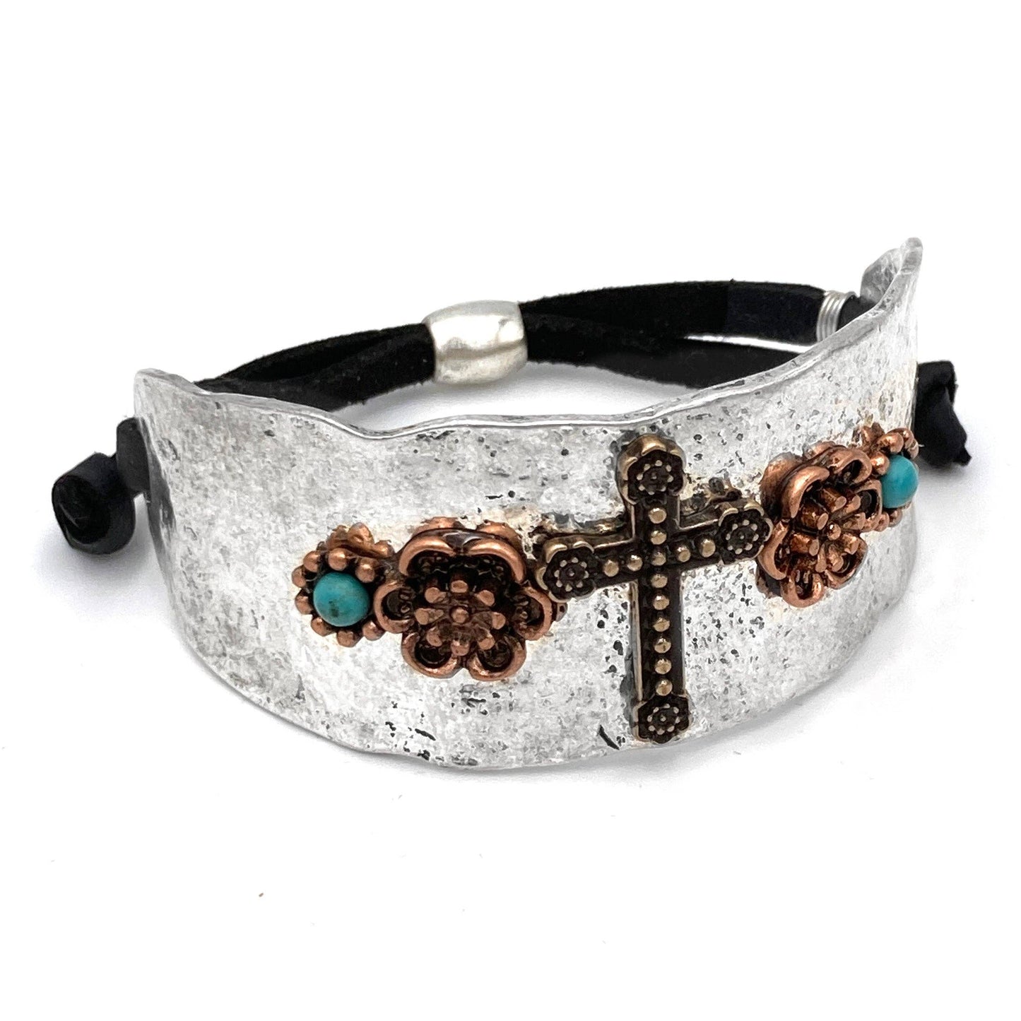 Cross Flower Turquoise Stone Western Bracelet Cuff Silver Adjustable Leather Strap WildWestBoho