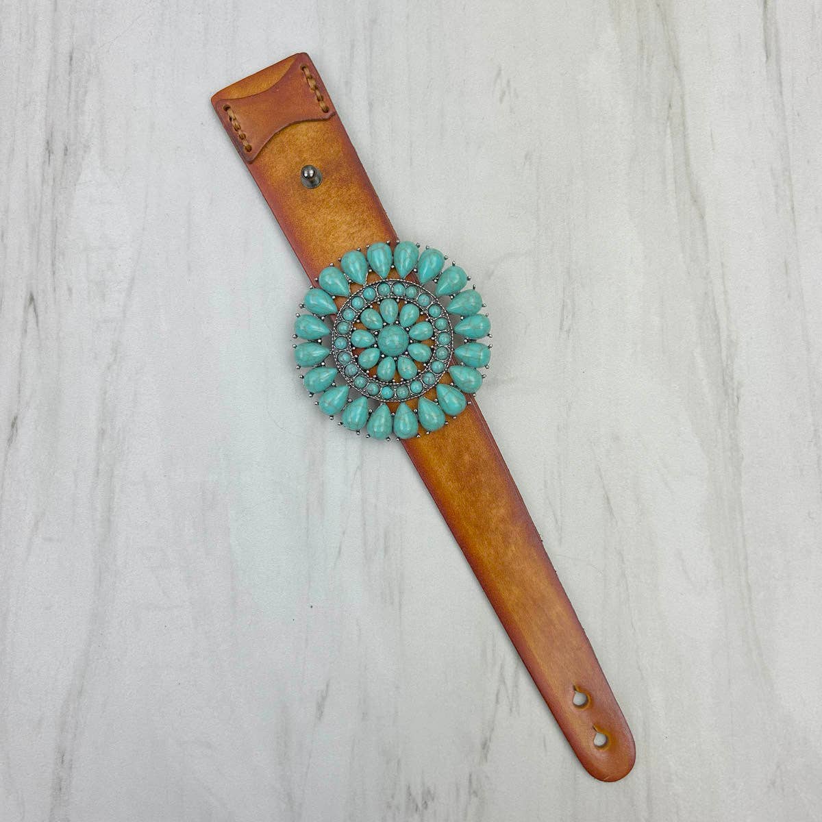 Brown Leather Concho Bracelet With Large Blue Turquoise Stone Western Style Accessory WildWestBoho