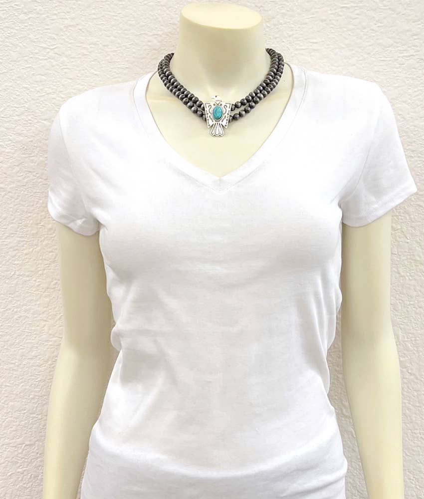 Handmade Navajo Style Bead Thunderbird Turquoise Choker Necklace 16 Inch 2 Strand Wild West Boho