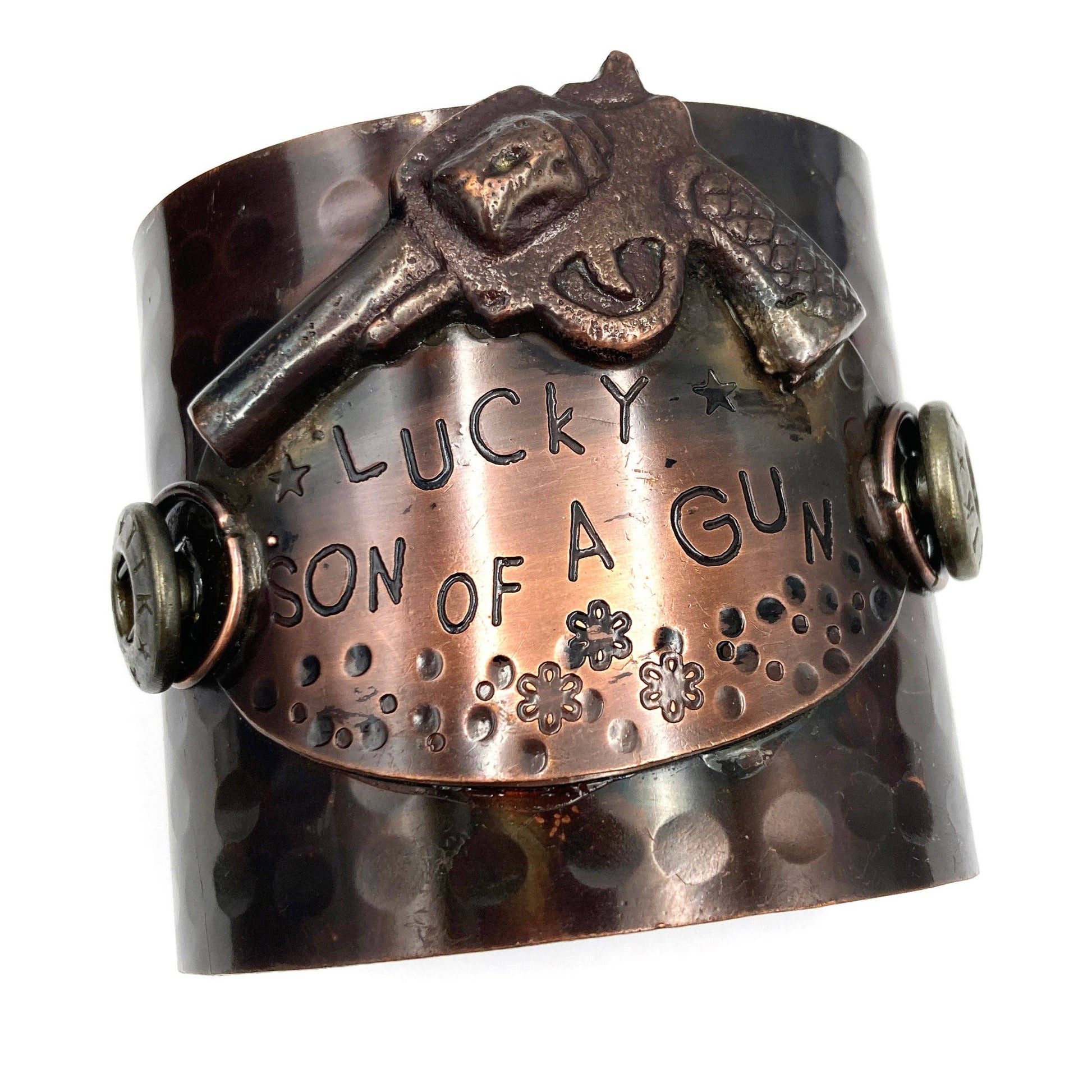 Lucky Son Of A Gun Wide Metal Cuff Bracelet For Men Bold Statement Jewelry Gift Idea WildWestBoho