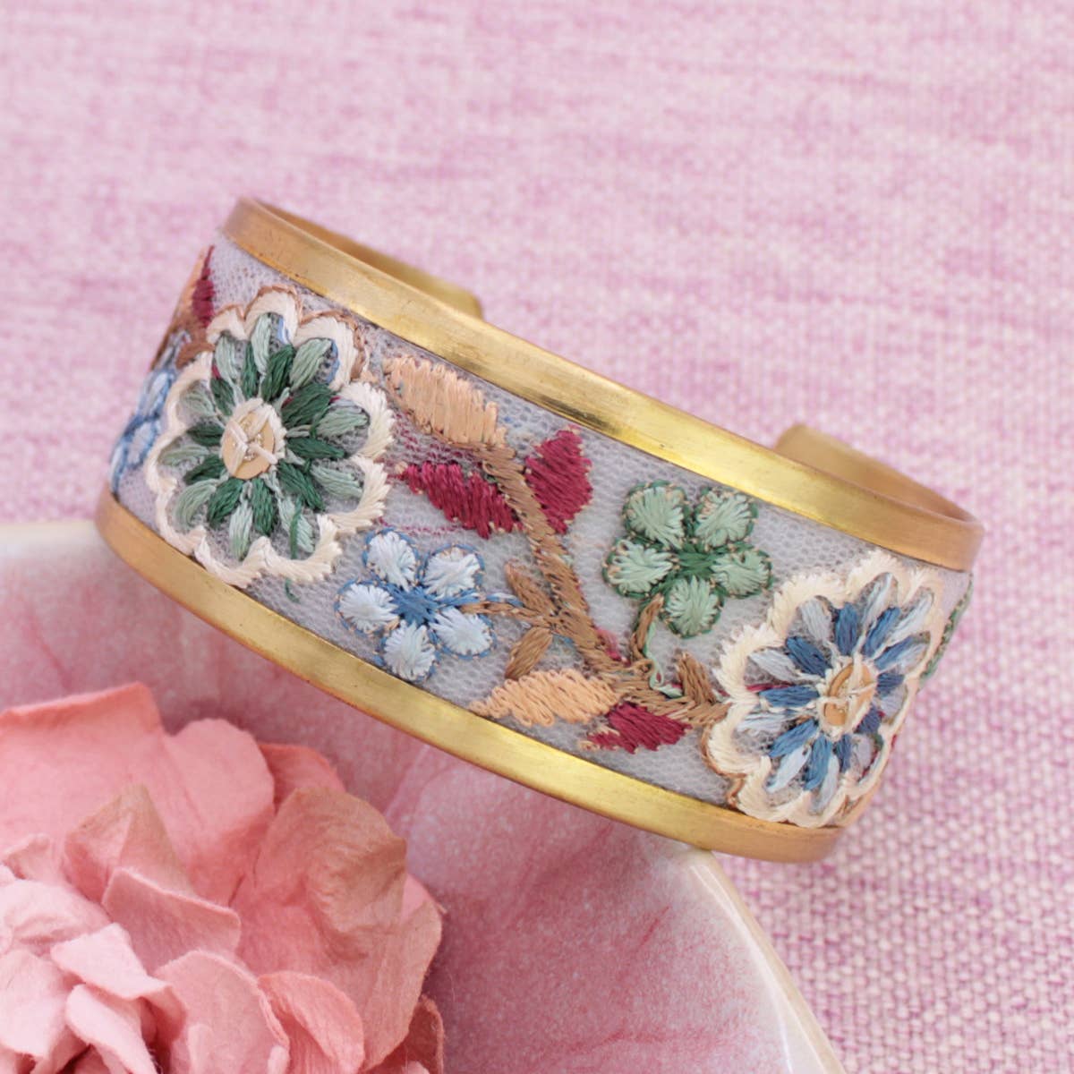 Pastel Blue And Mint Embroidered Fabric Cuff Bracelet Gold Edge Wild West Boho