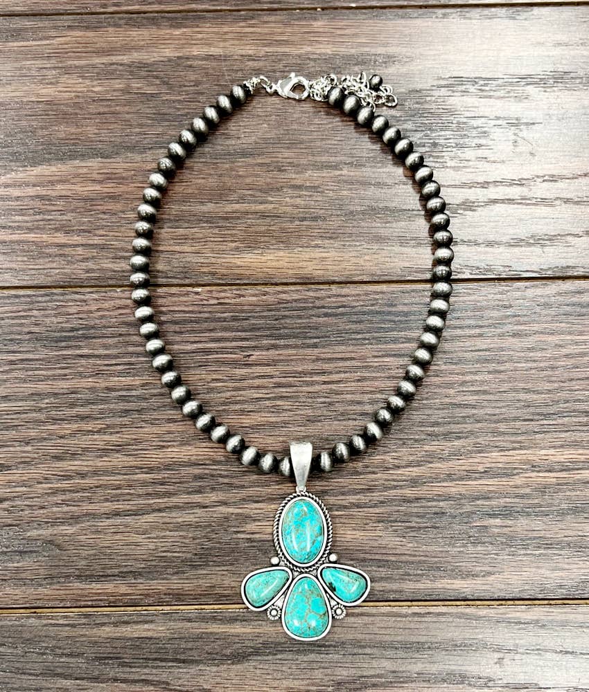 Handmade Navajo Style Turquoise 8mm Necklace With 5 Inch Extender And Large Pendant Wild West Boho