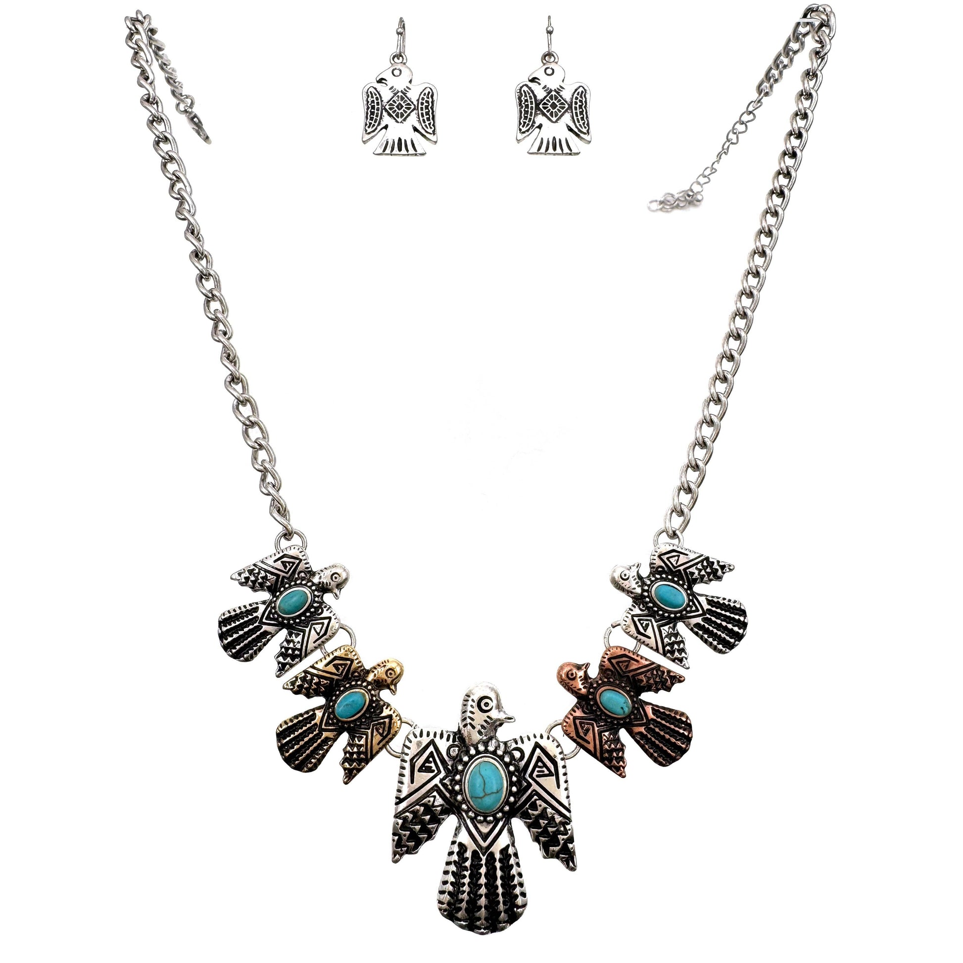 Navajo Thunderbird Necklace and Earrings Set, Tritone Metal Native Silver Elegant