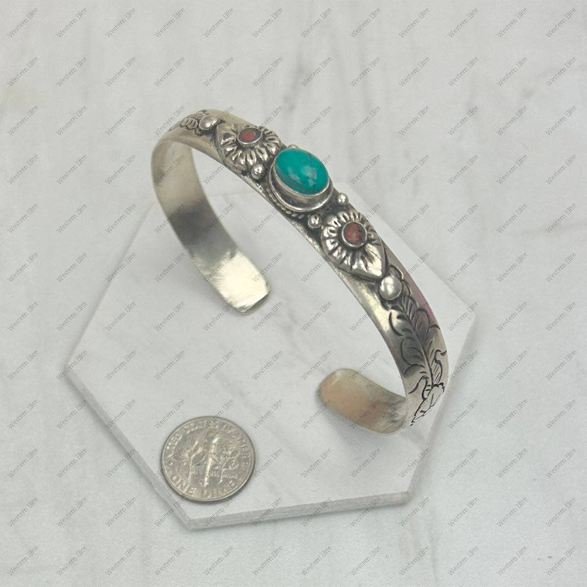 Navajo Style Blue Turquoise and Coral Bangle Bracelet, German Silver Silver Elegant