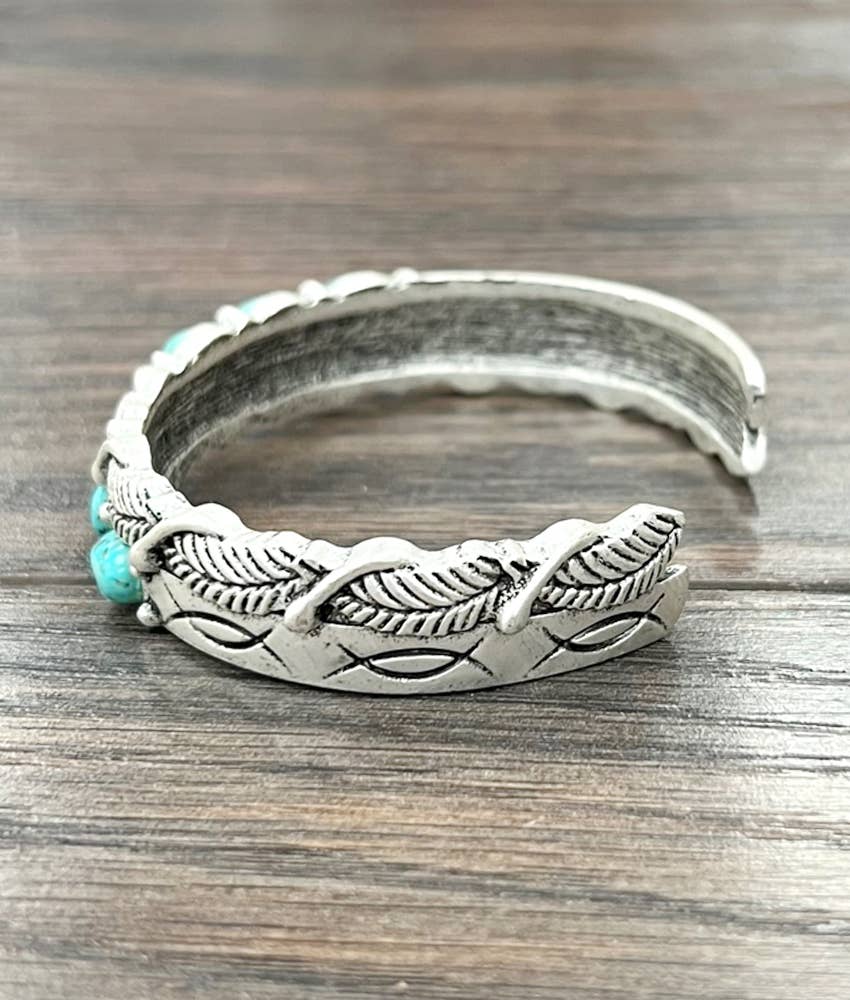 Navajo Style Feather Turquoise C Shaped Cuff Bracelet 0.6 Inch Band Silver Elegant