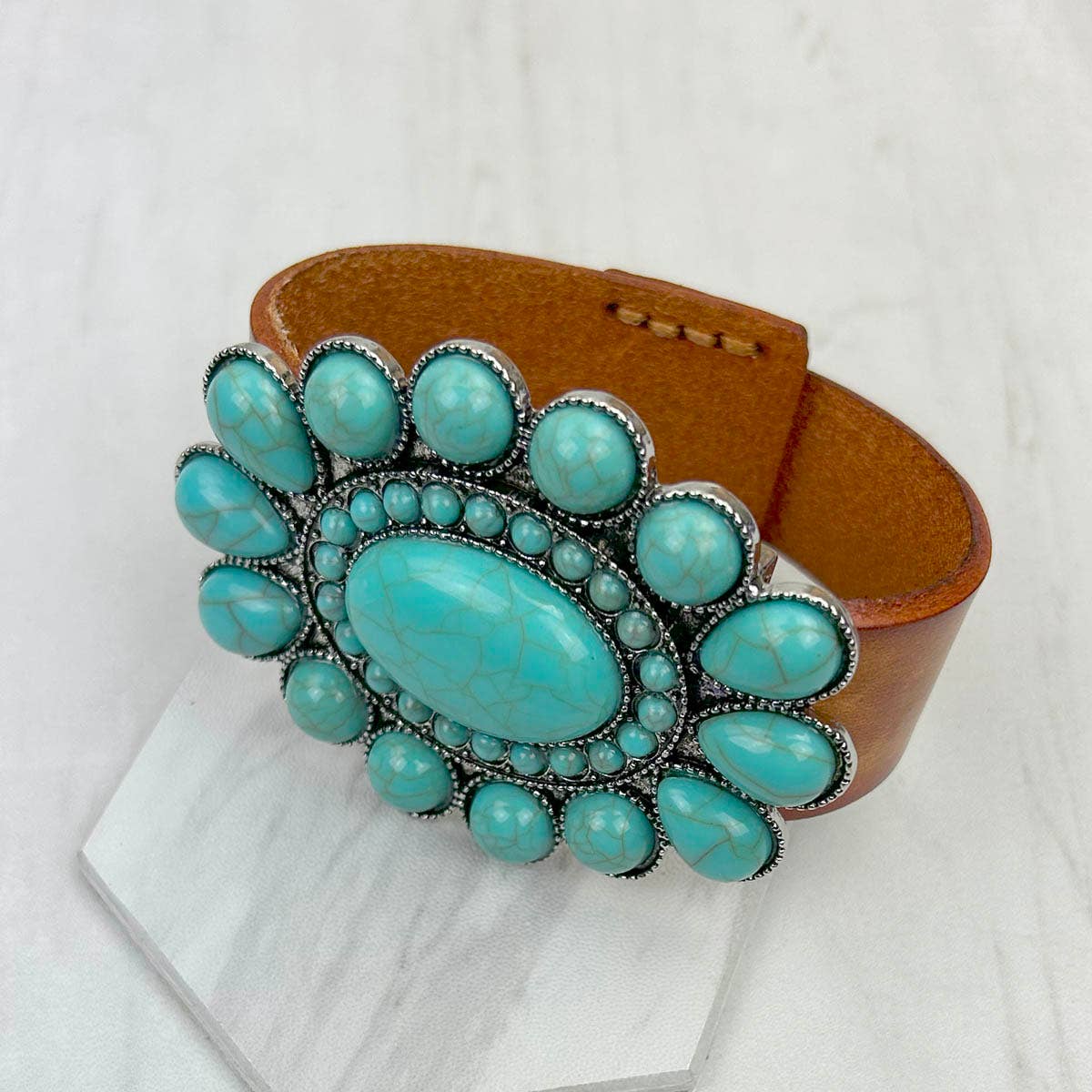 Brown Leather Oval Blue Turquoise Stone Concho Bracelet With Large Stone Western Jewelry WildWestBoho