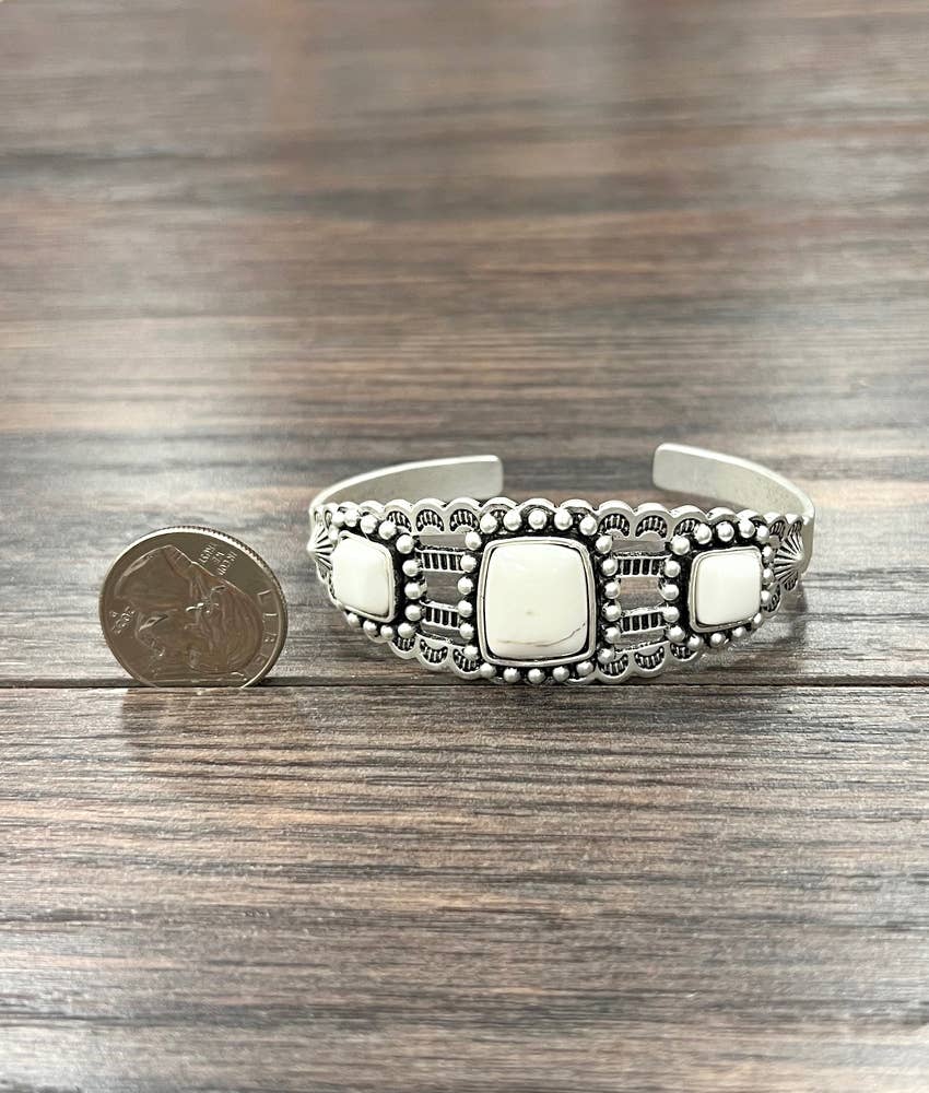 White Turquoise Natural Stone Cuff Bracelet With Antique Silver Plate Silver Elegant