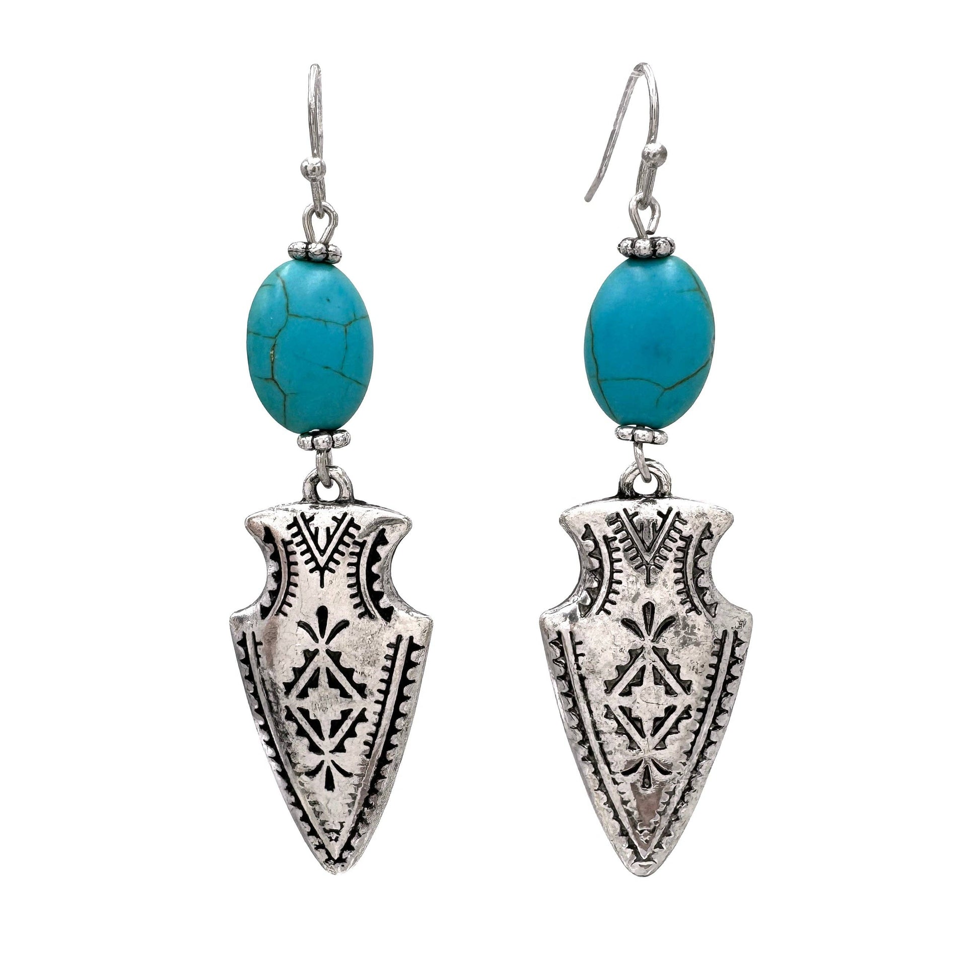 Turquoise-Embellished Native Arrowhead Dangle Earrings - Silver Elegant