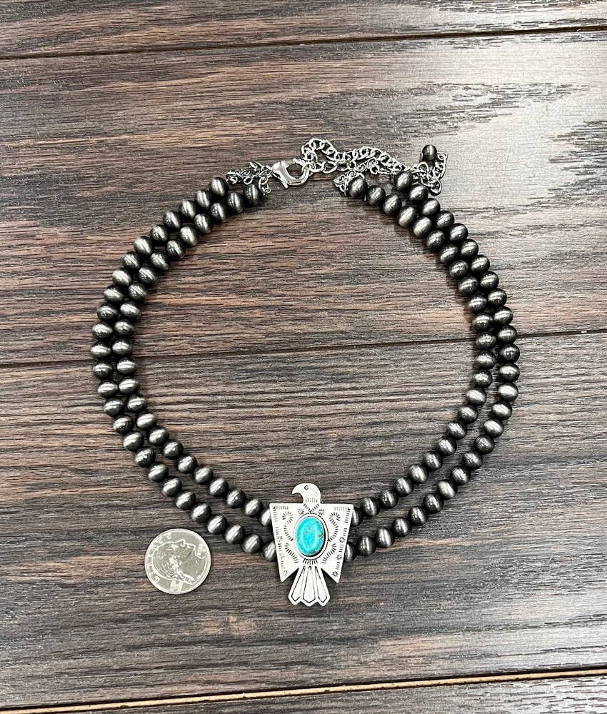 Handmade Navajo Style Bead Thunderbird Turquoise Choker Necklace 16 Inch 2 Strand Wild West Boho