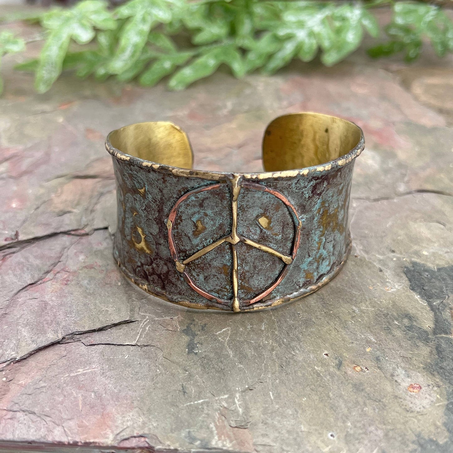 Handcrafted Brass Patina Cuff Bracelet With Rustic Blue Peace Sign Silver Elegant