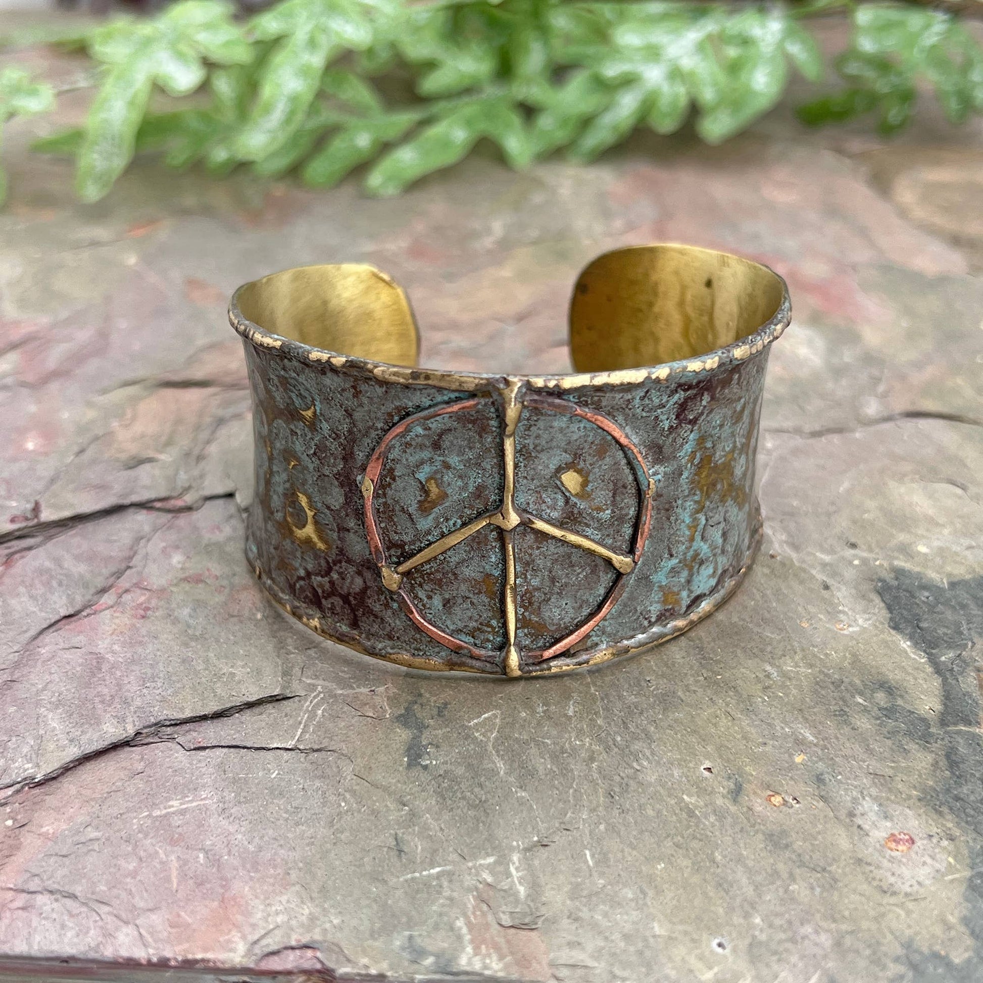 Handcrafted Brass Patina Cuff Bracelet With Rustic Blue Peace Sign Silver Elegant