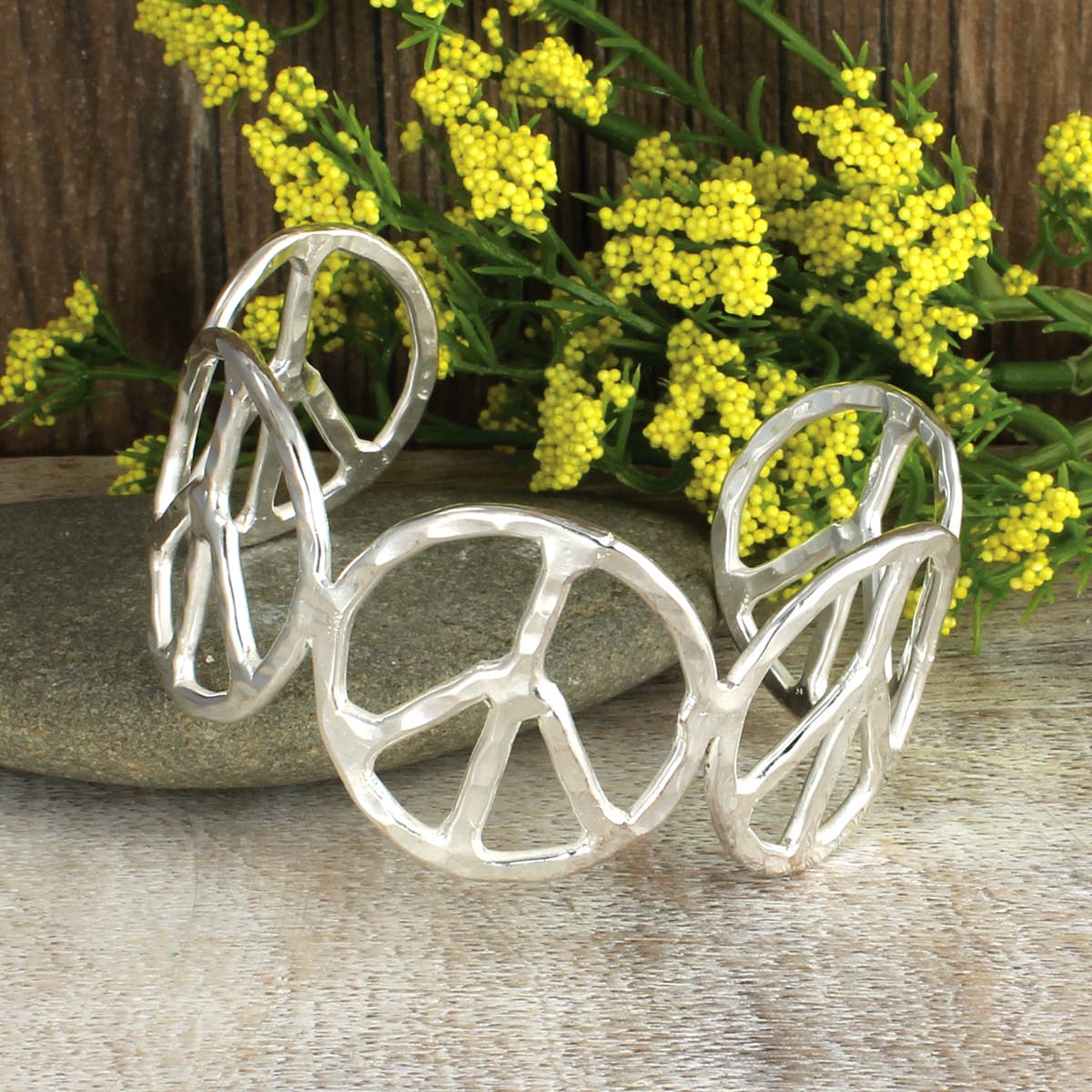 Silver Hammered Peace Sign Hippie Cuff Bracelet Boho Woodstock Vibes Wild West Boho