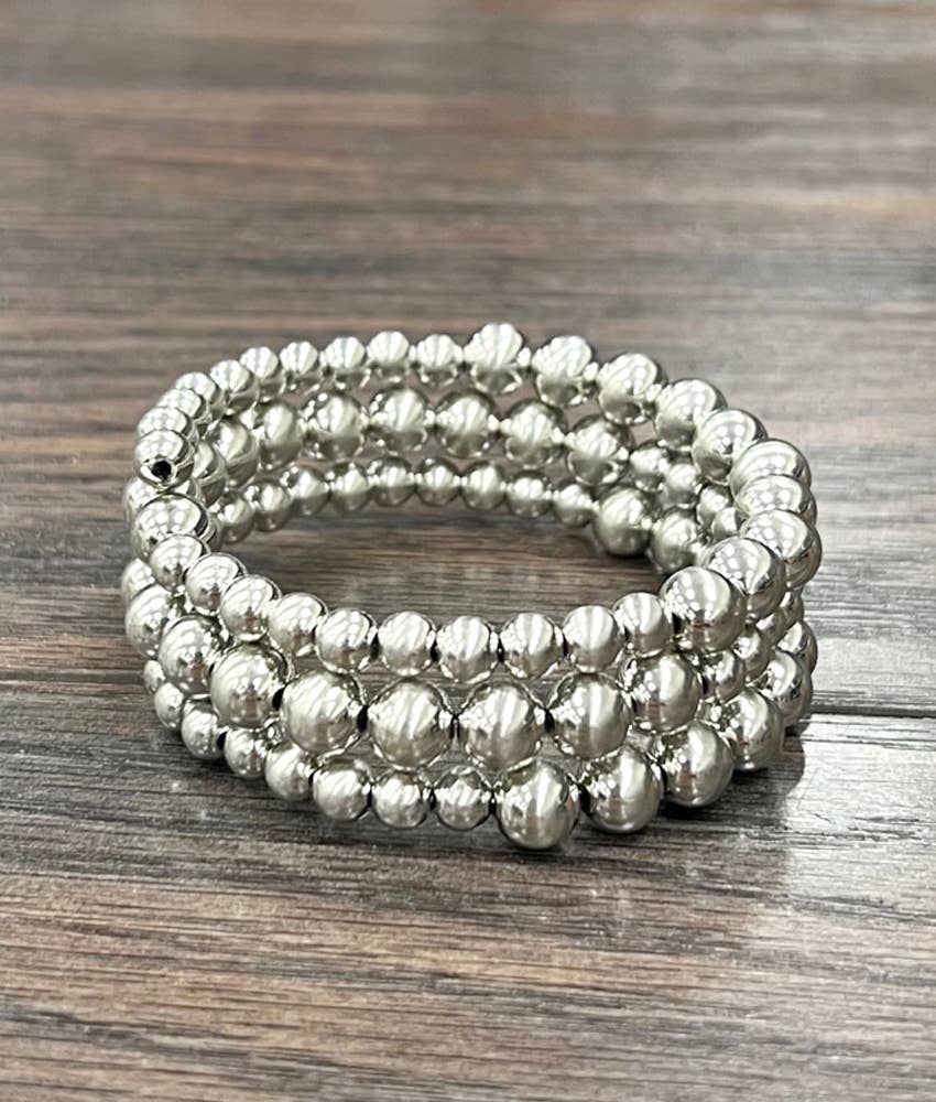 Handmade Faux Silver Navajo Bead Pearls Wrap Bracelet, Memory Wire Silver Elegant