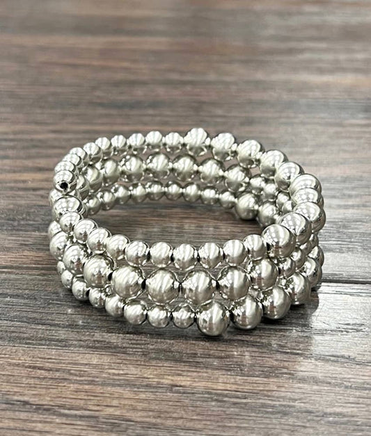 Handmade Faux Silver Navajo Bead Pearls Wrap Bracelet, Memory Wire Silver Elegant