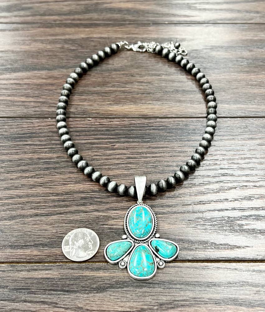 Handmade Navajo Style Turquoise 8mm Necklace With 5 Inch Extender And Large Pendant Wild West Boho