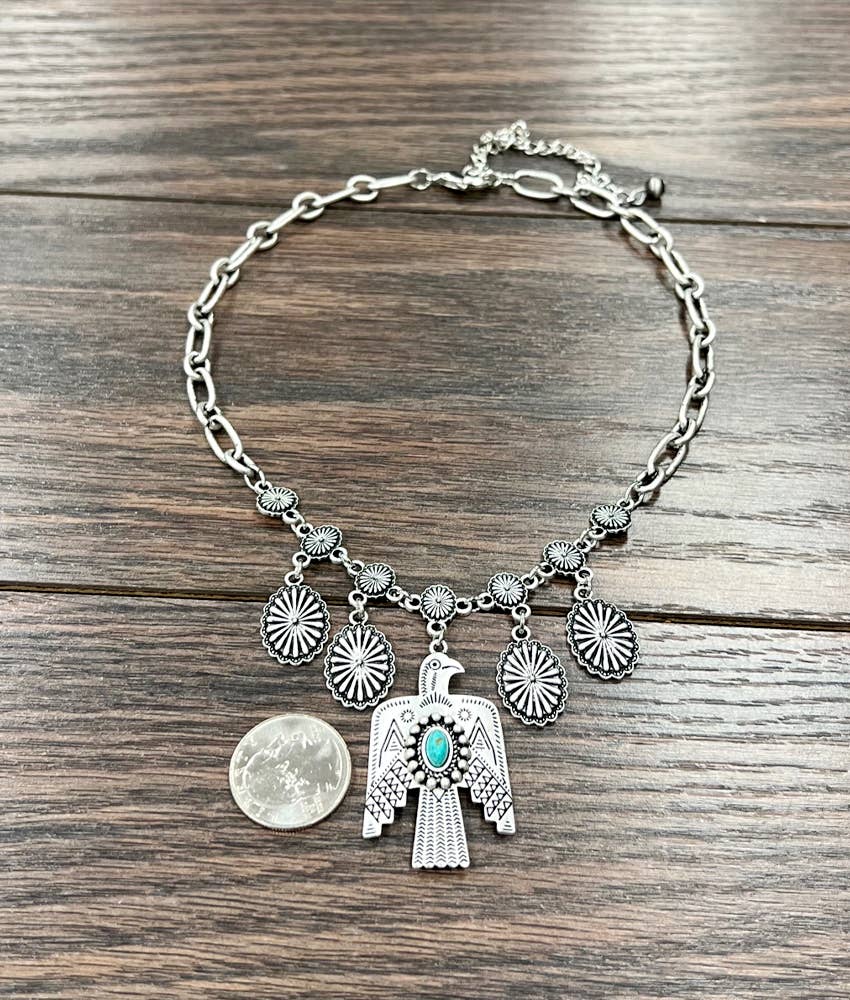 Thunderbird Turquoise Necklace With Authentic Concho Charms Silver Elegant