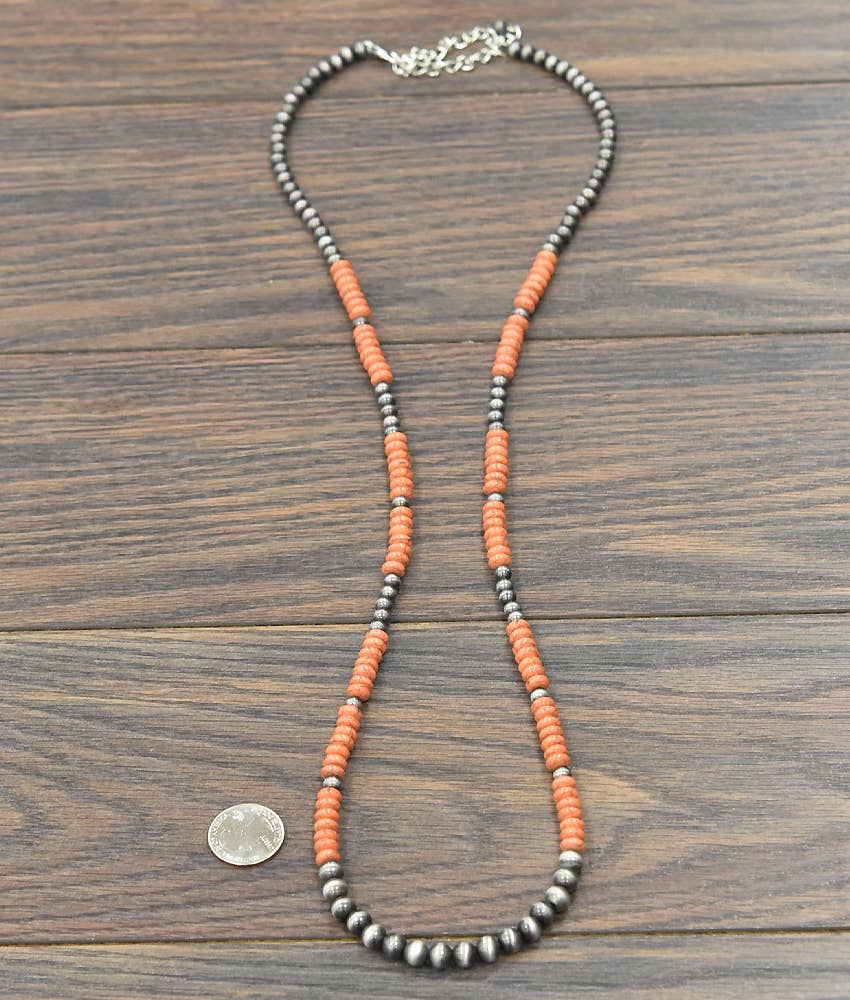 Handmade Navajo Style Orange & SilverBead Necklace 36 to 41 Inch Extra Long Silver Elegant