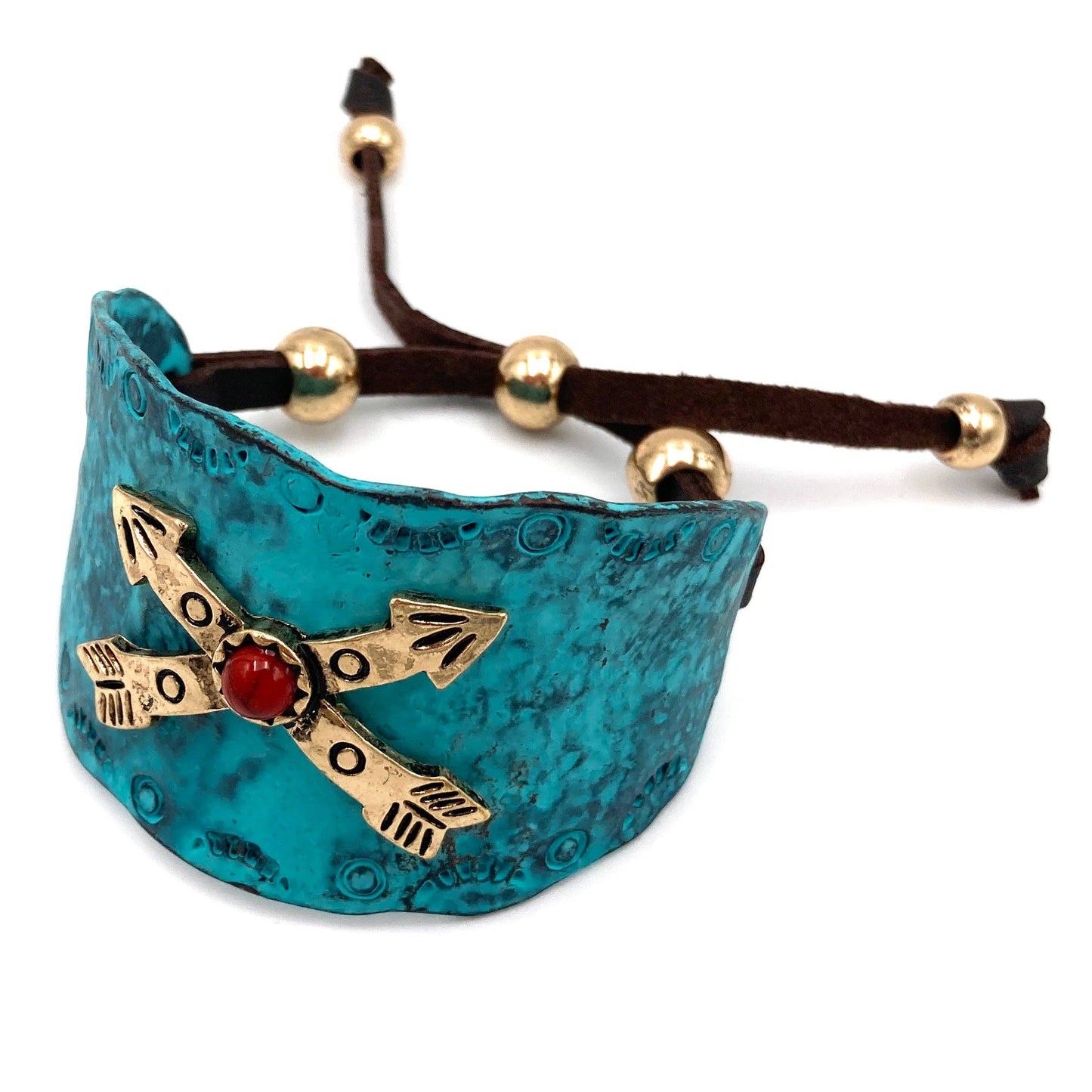 Native Cross Arrow Red Stone Western Bracelet Cuff with Adjustable Leather Straps Silver Elegant