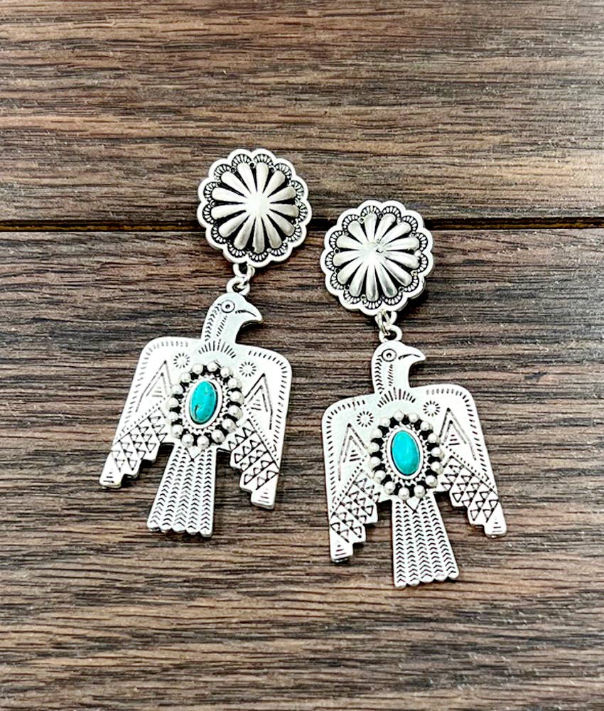 Thunderbird Turquoise Brass Post Earrings 2.8 Inches Silver Elegant
