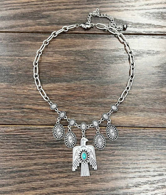 Thunderbird Turquoise Necklace With Authentic Concho Charms Silver Elegant