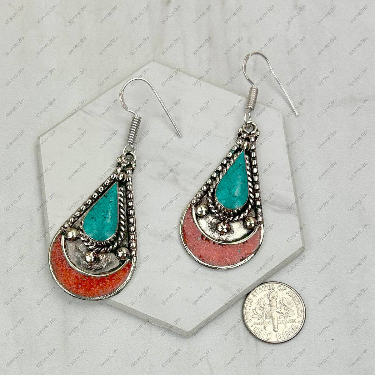 Navajo Style Blue Turquoise And Red Coral German Silver Wire Drop Earrings, 2.5 inches Silver Elegant